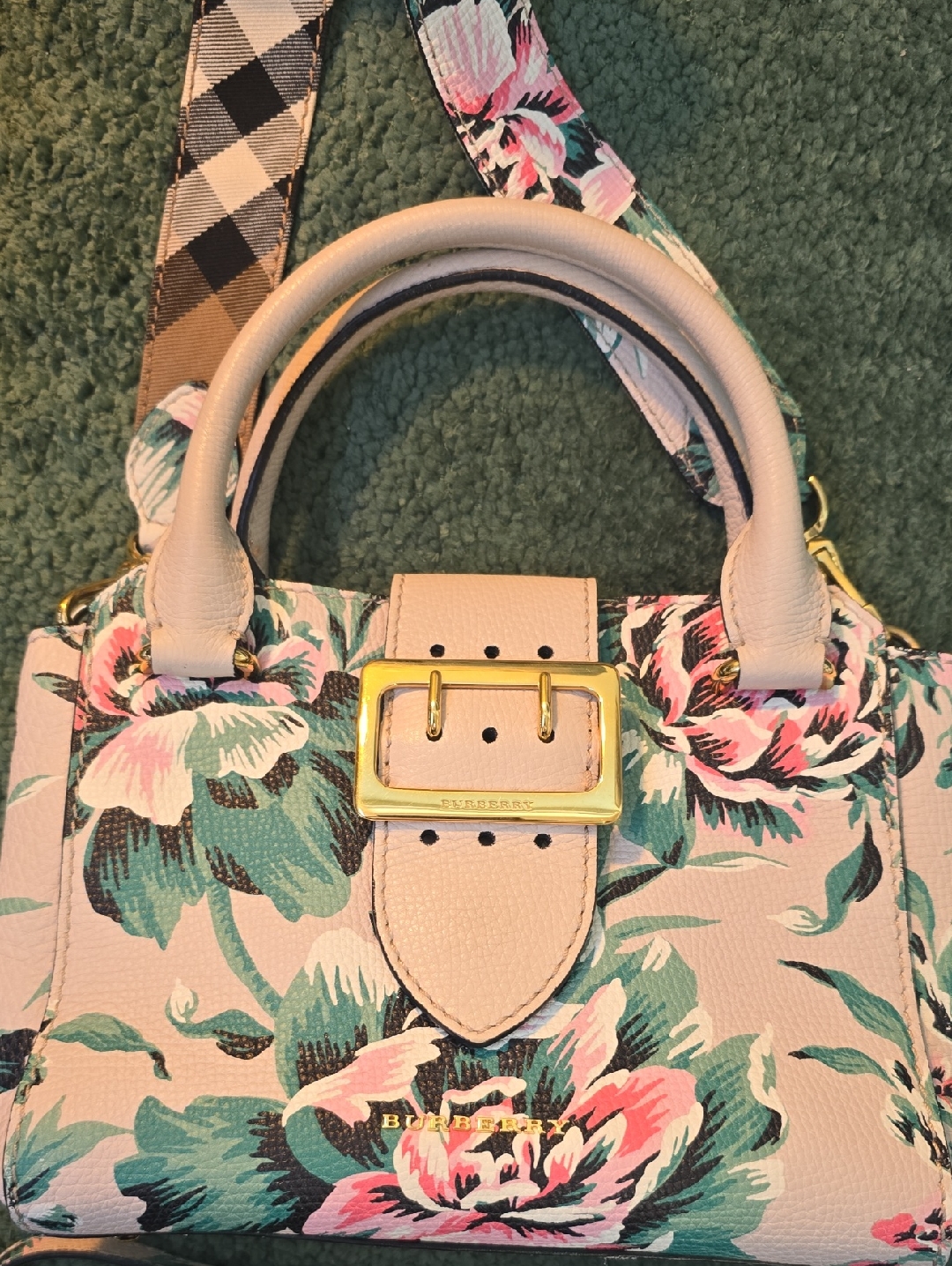 Gorgeous Burberry Pink Floral Leather Satchel With Teal Accents